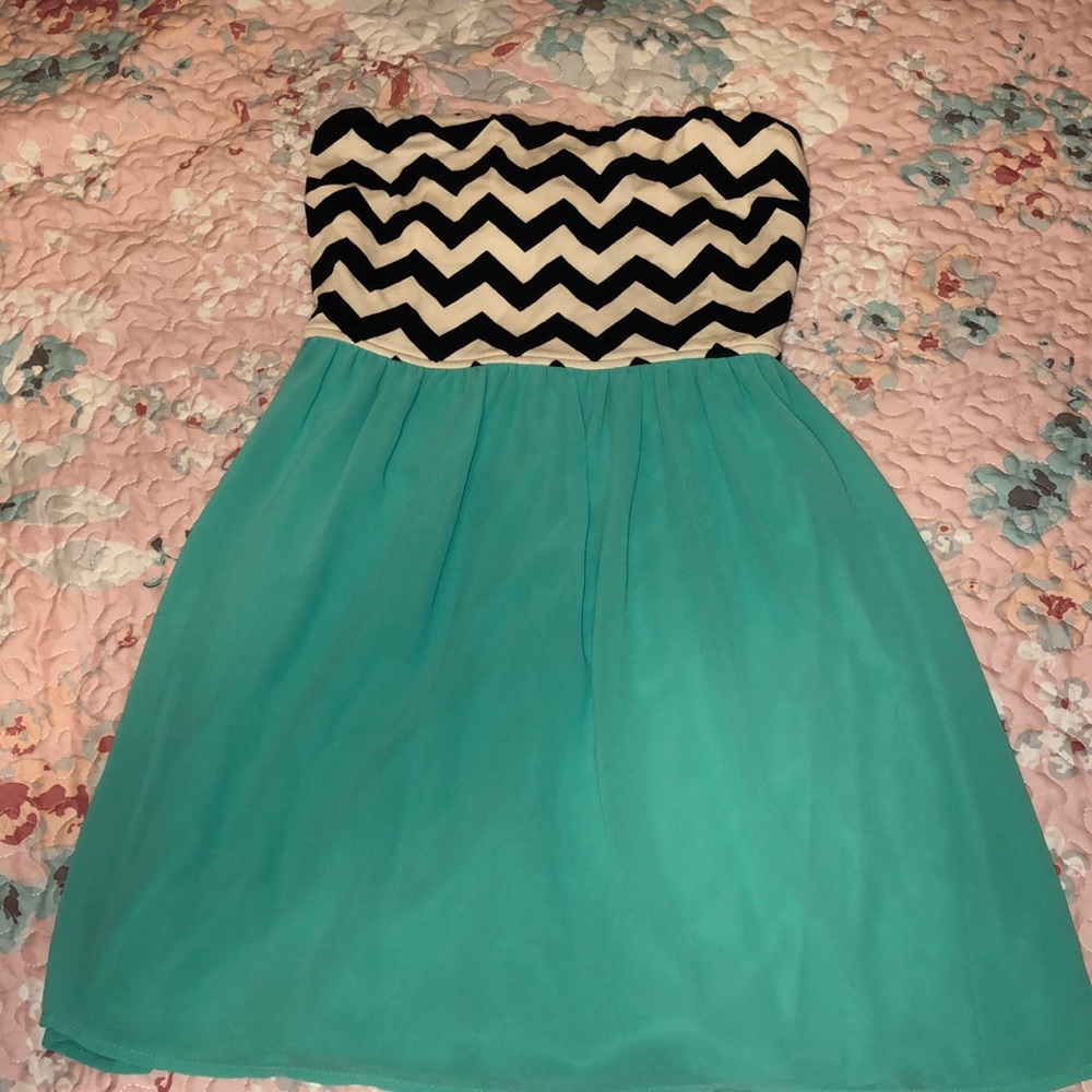 Strapless Sequin Hearts Chevron Dress Turquoise